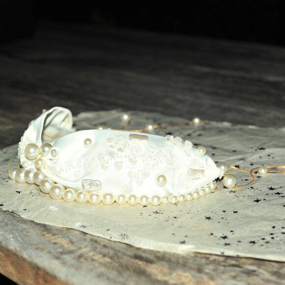 Satin Soft Fabric Embellished Fa White Pearl Beads Hair Band CoverUp Hair Scarf - Picture 5 of 16